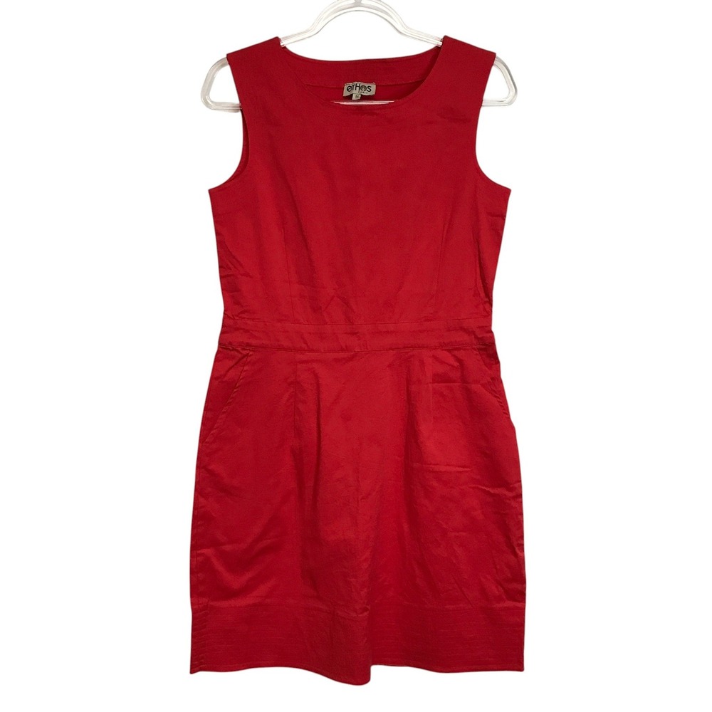Ethos Paris Womens Sz M Organic Cotton Sleeveless Sheath Dress Red Pockets